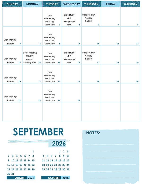 September 2026 Calendar - Zion Lutheran Neshkoro